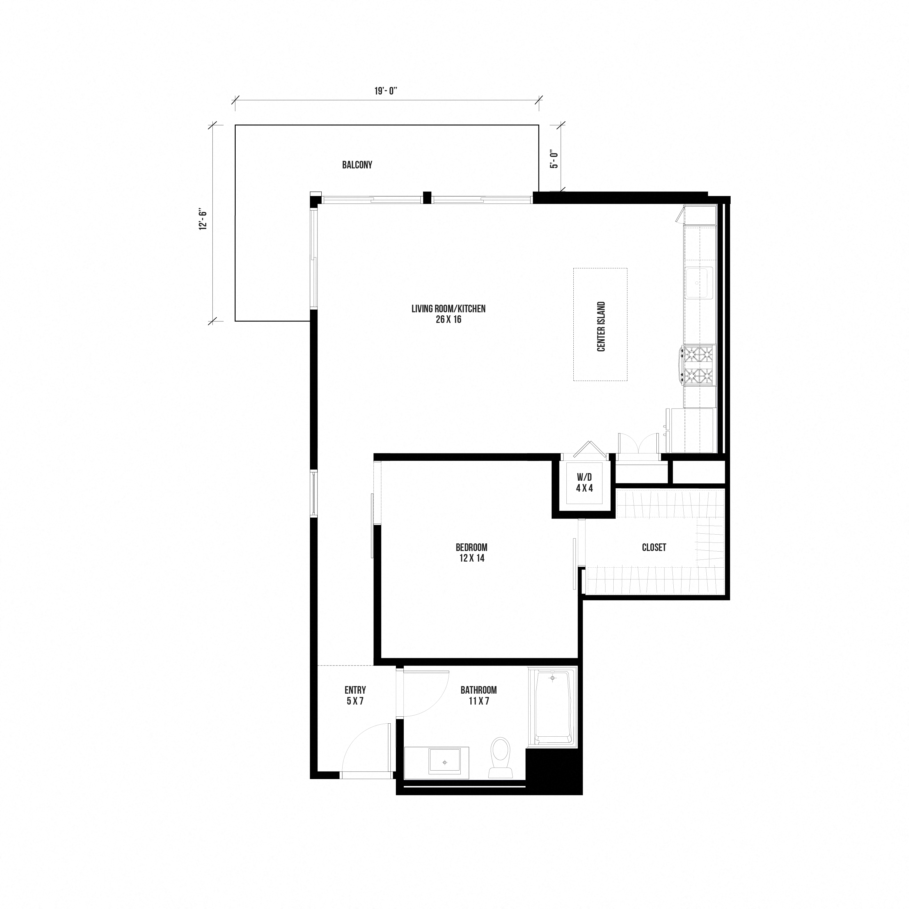 Floor plan for 1 bed, 1 bath, 839 sqft